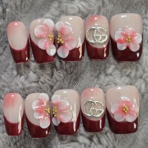 Designer-Inspired Burgundy Floral Press-On Nails